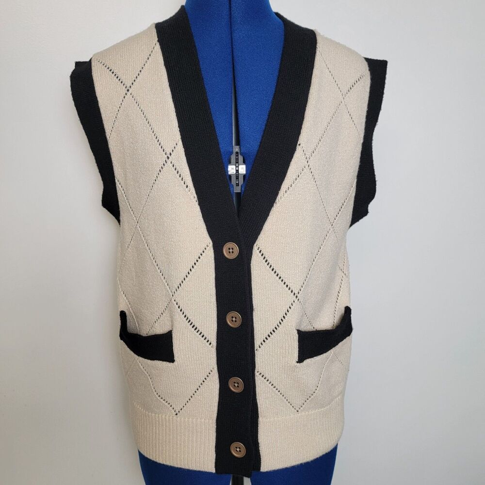 Gemma+Jane Womens Cream/Black Sleeveless Vneck Button Diamond Pattern Cardigan M